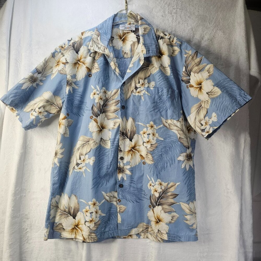 Pacific Legend Men Floral Shirt Hibiscus Hawaiian Palm Button Up Size L Cotton
